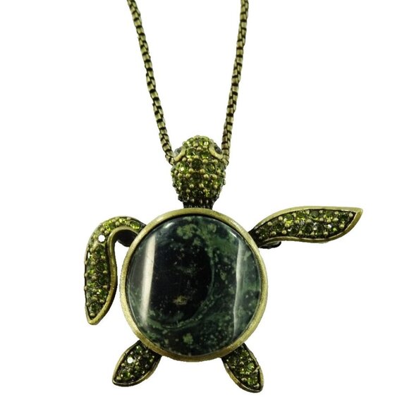 Butler Designer Necklace Turtle Pendant Brooch Combo Green Rhinestones Bling - Picture 2 of 7